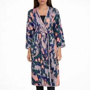 Tanya Taylor Merino Wool Printed Belted Long Duster Coat Cardigan Purple XL